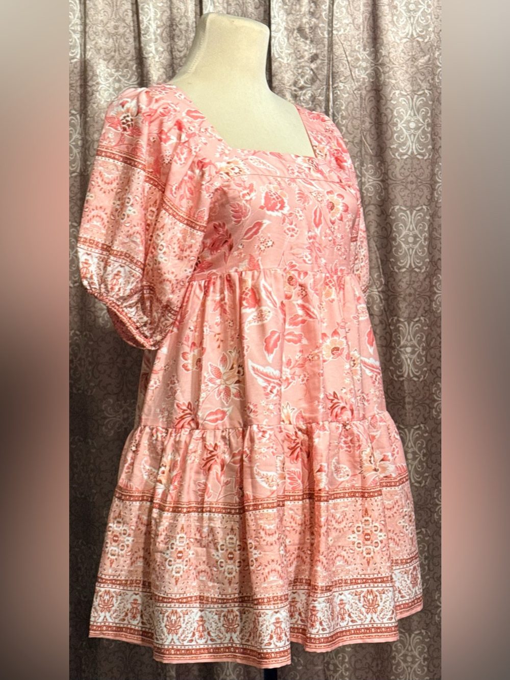 Band of the Free Pink Block Print Style Babydoll Mini Dress Cottagecore